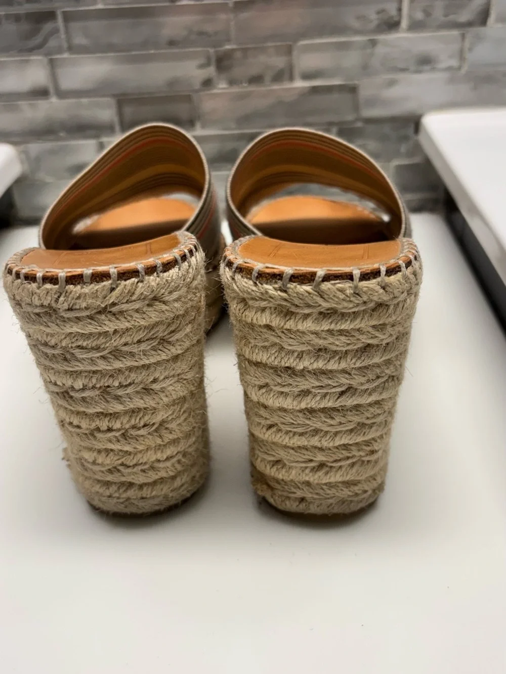 Dolce Vita Striped Canvas Espadrille Wedge Slides- Cream, Black & Coral. Size 7